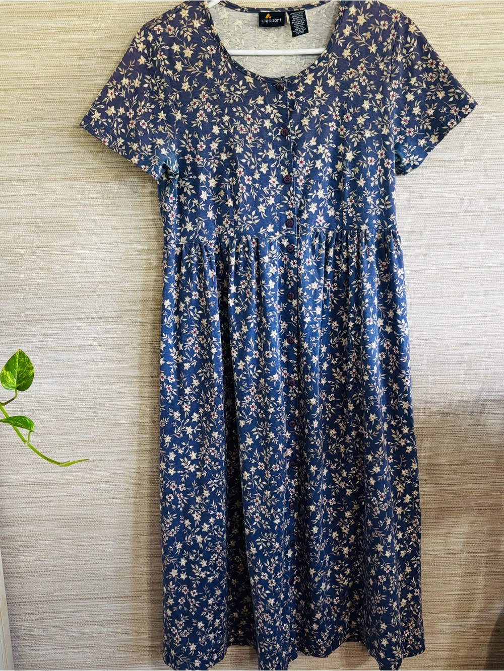 Liz Sport 100% Cotton Blue Floral Maxi Dress Button Front Size Medium